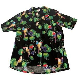 Scorpio Hawaiian Tropical  Floral & Bird Parrot Print Shirt Sz L Vintage Made US